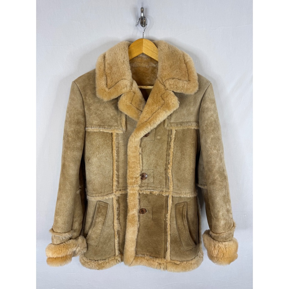 Cosa Nova Mens Genuine Shearling Sheepskin Coat Tan Suede Fur Jacket Size 36